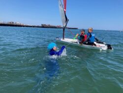 Sea Monster Andrew being held at bay by a water cannon